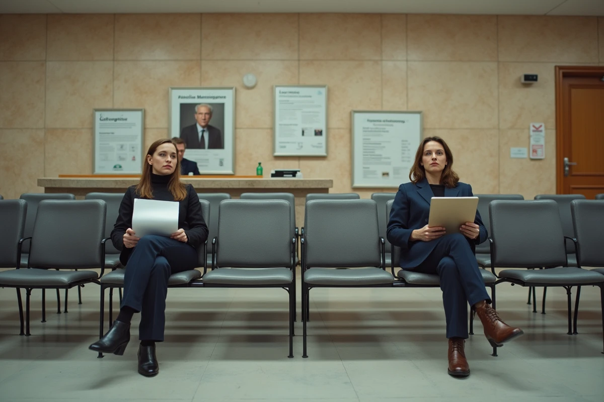Des personnes attendent dans la salle d'attente d'un conseil de prud'hommes avant une audience pour un litige d'indemnité de CDD