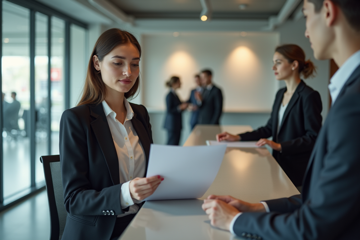 Jeune femme soumettant un dossier à la réception