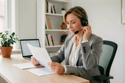 Secrétaire virtuelle professionnelle gérant des tâches administratives depuis un bureau à domicile moderne avec casque téléphonique et documents