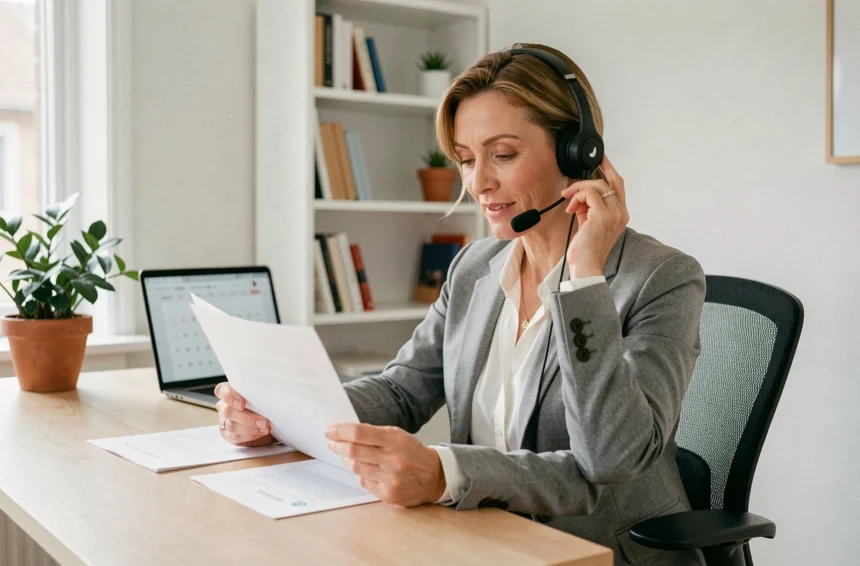 Secrétaire virtuelle professionnelle gérant des tâches administratives depuis un bureau à domicile moderne avec casque téléphonique et documents