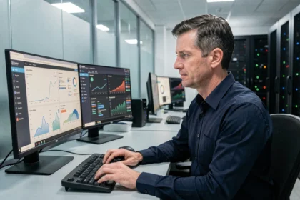 Responsable informatique vérifiant la sécurité des données sur un poste de travail professionnel avec serveurs en arrière-plan