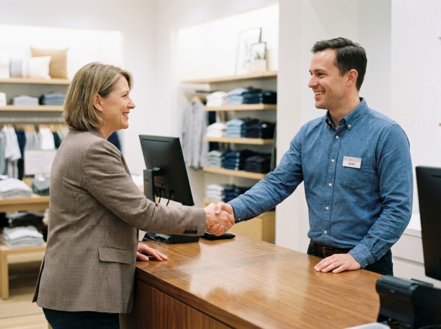 Photo hyperrealiste d'une femme d'âge moyen et d'un vendeur se serrant la main dans un magasin
