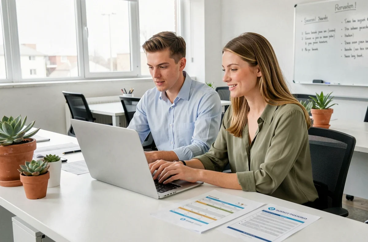 Deux stagiaires consultant un calendrier de congés sur ordinateur dans un bureau moderne