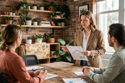 Responsable marketing présentant une stratégie d'impact consommateur à son équipe dans un bureau éco-responsable