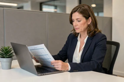 Femme professionnelle consultant des factures et suivant les paiements clients sur un ordinateur portable dans un bureau moderne