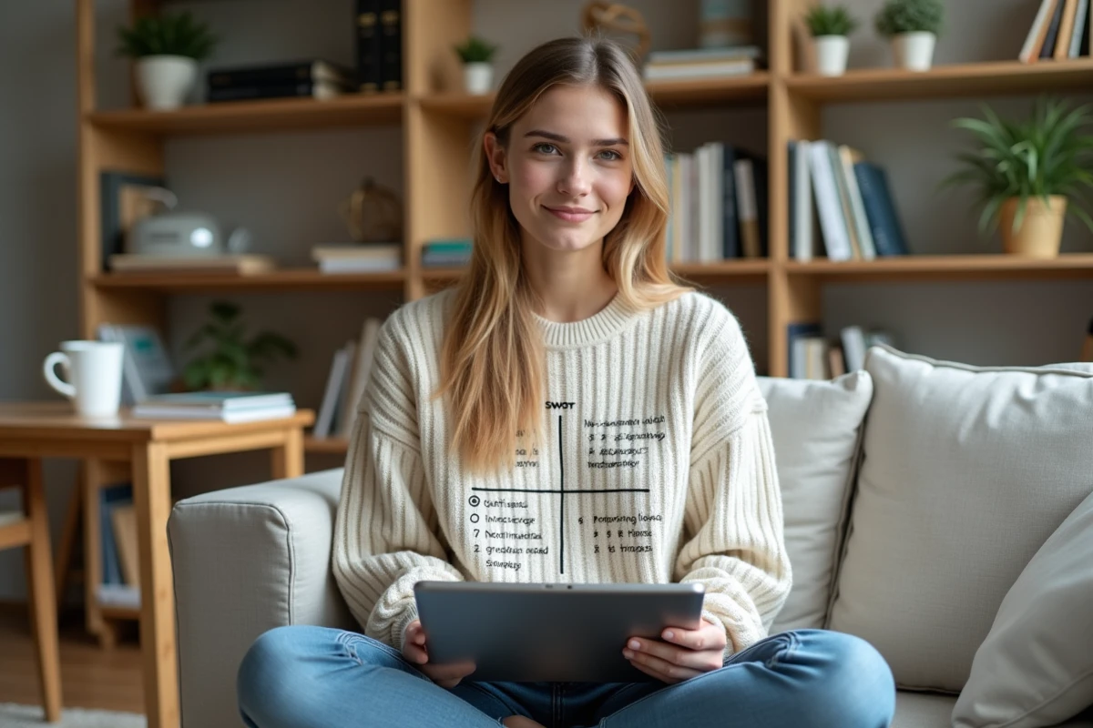 Jeune femme travaillant depuis chez elle sur une analyse SWOT digitale via une tablette dans un espace de travail cosy et chaleureux