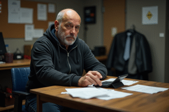 Technicien theatre en réflexion dans son bureau backstage
