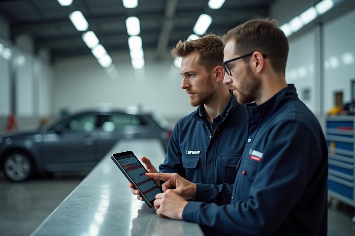 Techniciens automobiles découvrant un nouvel outil de gestion sur tablette dans un atelier de service