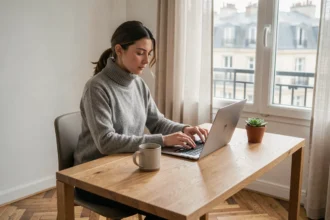 Femme travaillant en télétravail depuis son appartement parisien pendant le confinement avec un laptop sur un bureau en bois