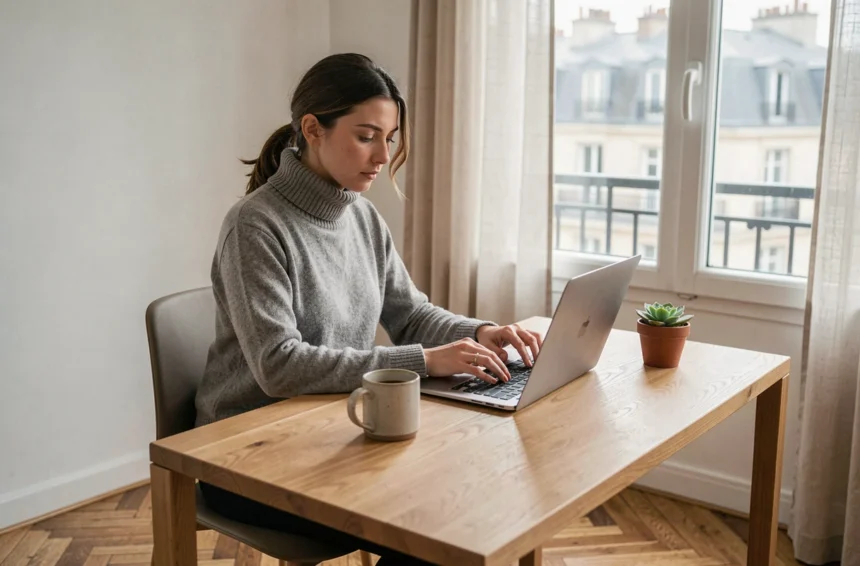 Femme travaillant en télétravail depuis son appartement parisien pendant le confinement avec un laptop sur un bureau en bois