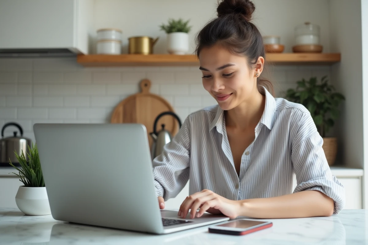 Femme en télétravail utilisant une authentification à double facteur sur smartphone et ordinateur portable depuis sa cuisine à domicile