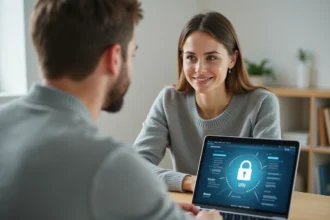 Femme en télétravail sécurisant ses accès réseau via un VPN sur un ordinateur portable dans un bureau à domicile moderne