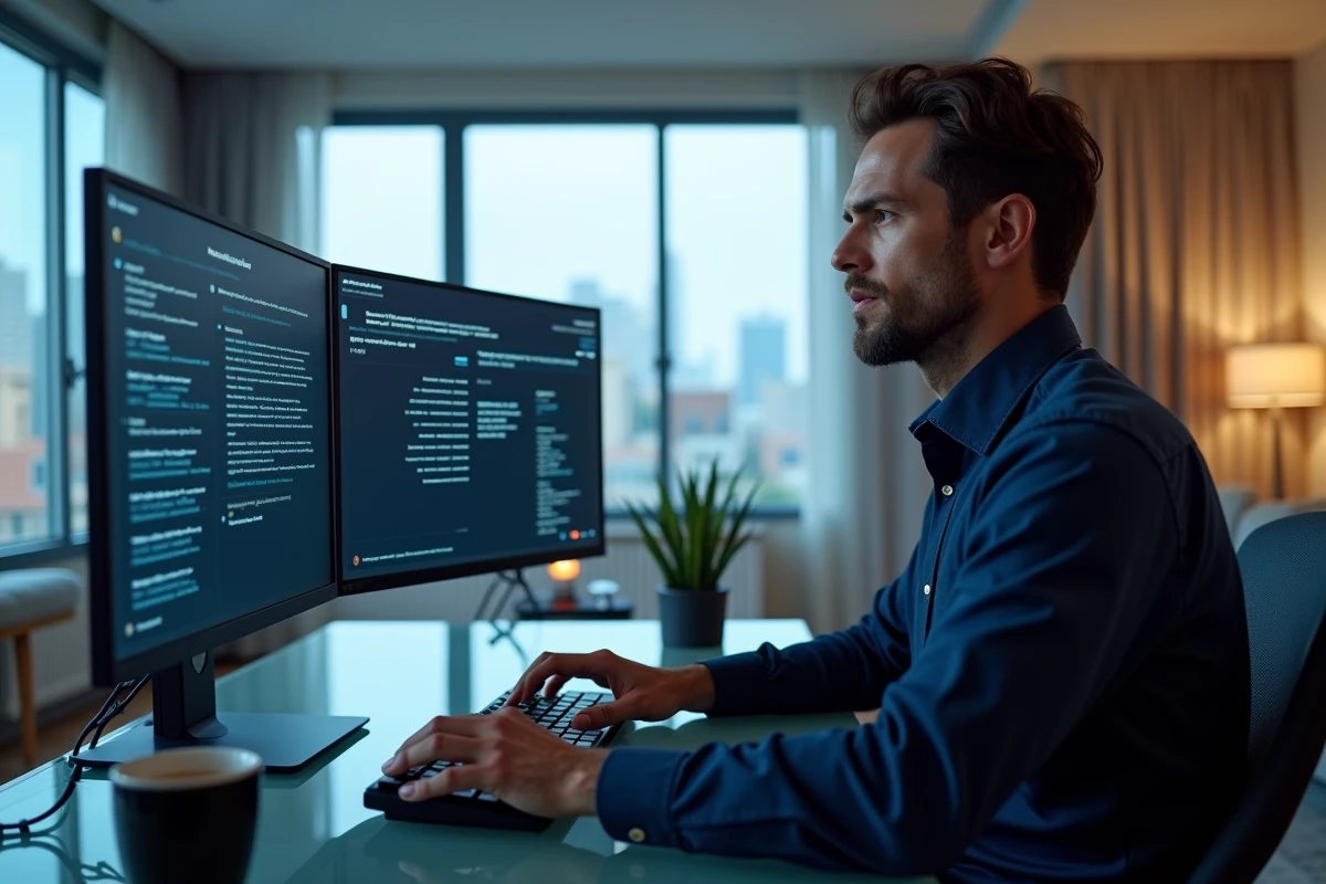 Homme en télétravail utilisant un double écran avec tableau de bord de sécurité réseau et authentification VPN dans un appartement moderne