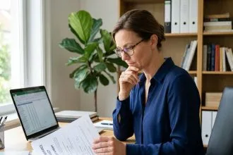 Travailleuse non salariée consultant des documents de mutuelle santé dans son bureau à domicile