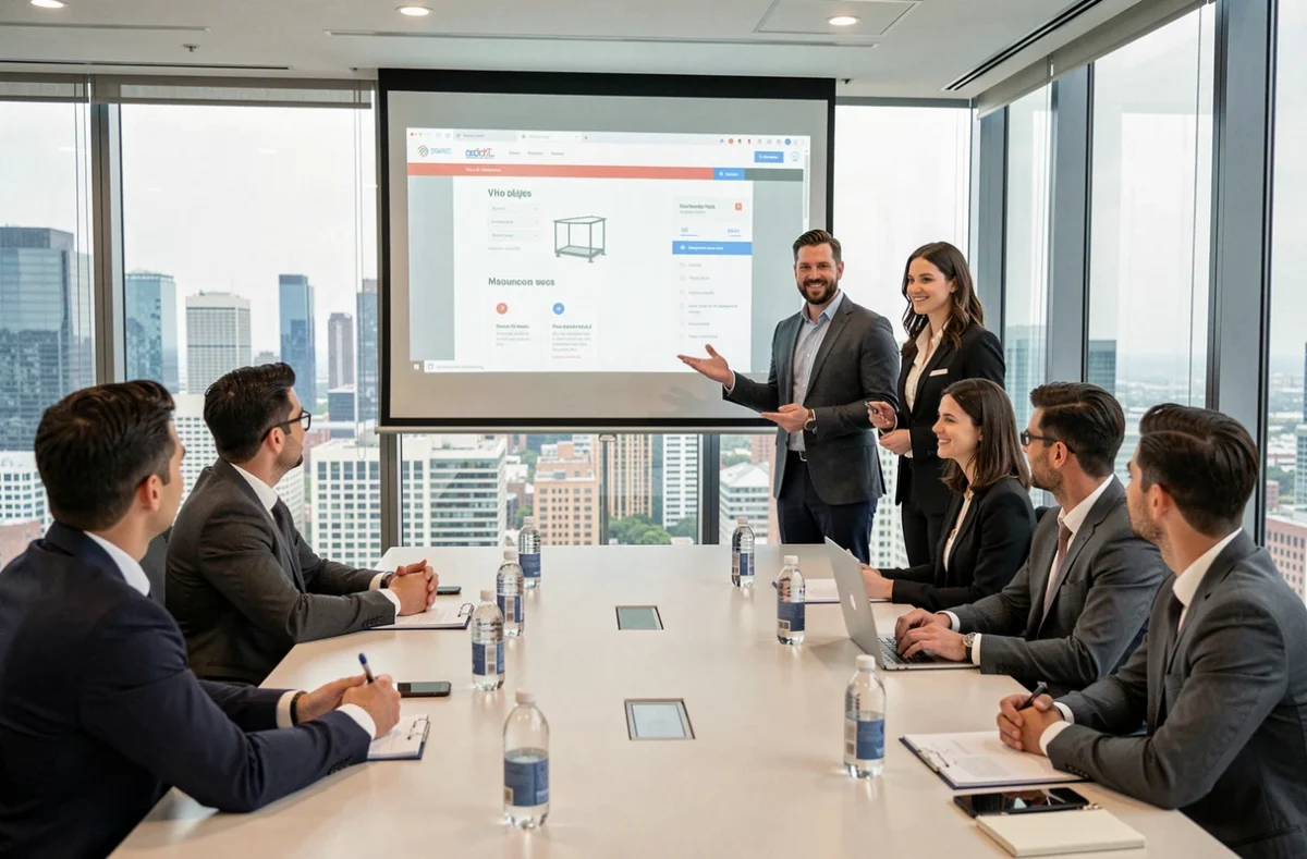 Équipe d'Uniflow Lyon présentant un projet de site web à des clients en salle de réunion corporate