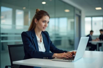 Professionnelle utilisant le portail RH Alis BNPP sur son ordinateur portable dans un bureau moderne