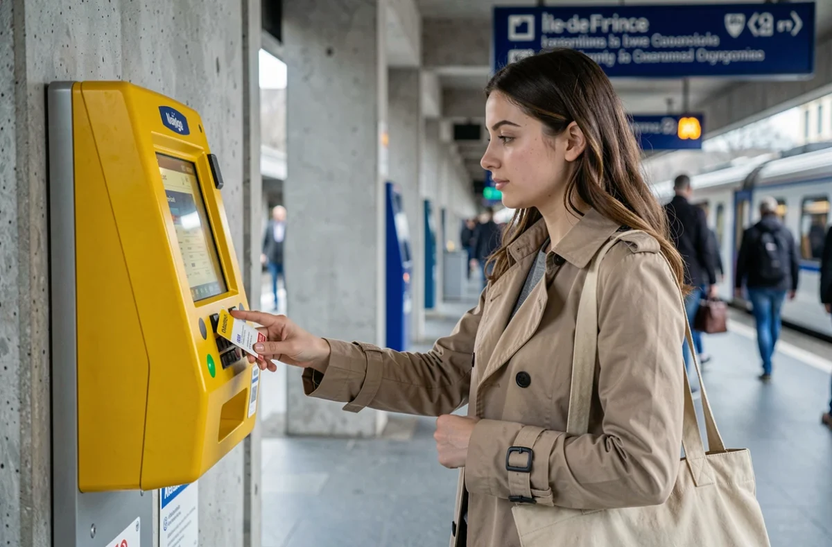 Femme validant son pass Navigo sur un quai de train en Île-de-France, en lien avec le prélèvement FRANCILIANE sur relevé bancaire