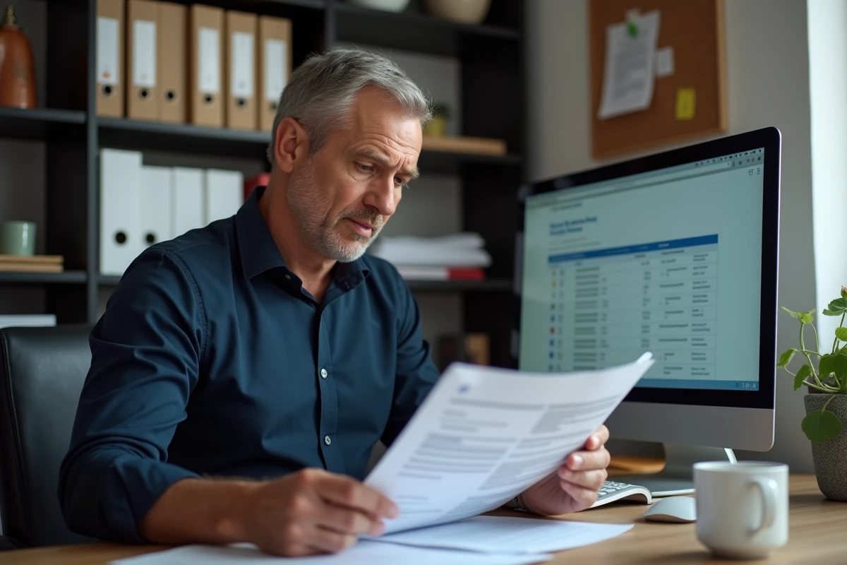 Homme vérifiant la légalité d'une offre d'emploi d'emballage à domicile sur un ordinateur de bureau avec des documents imprimés