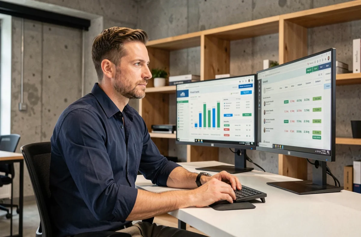 Consultant SEO Vincent Hégo assis à son bureau avec des tableaux de bord de référencement sur écran