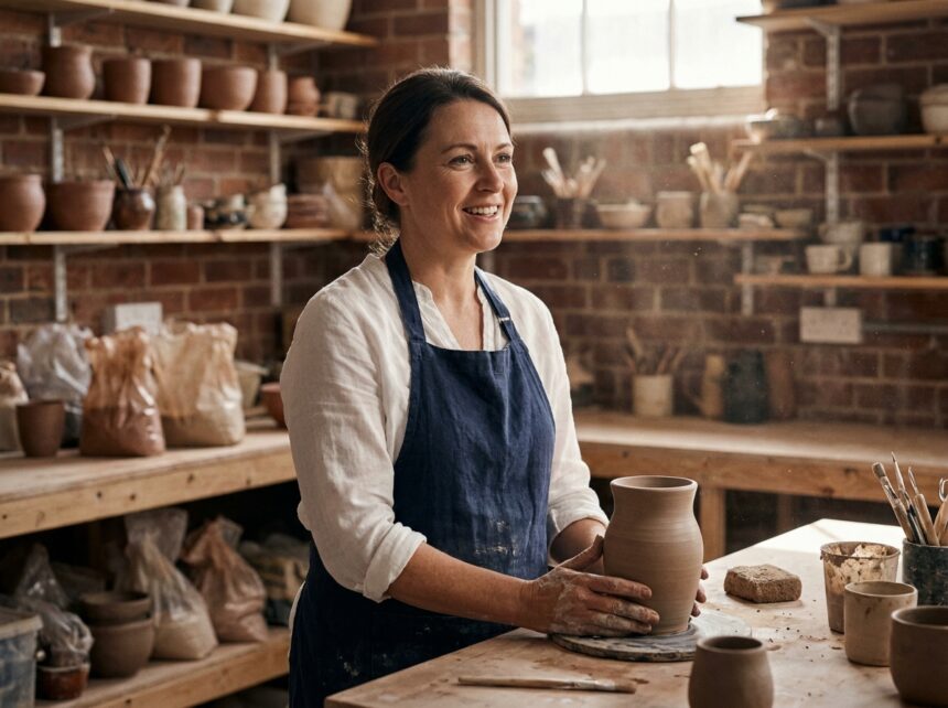 Artisane en tablier de lin souriante dans son atelier de céramique, mains posées sur une pièce en argile, ambiance chaleureuse et authentique