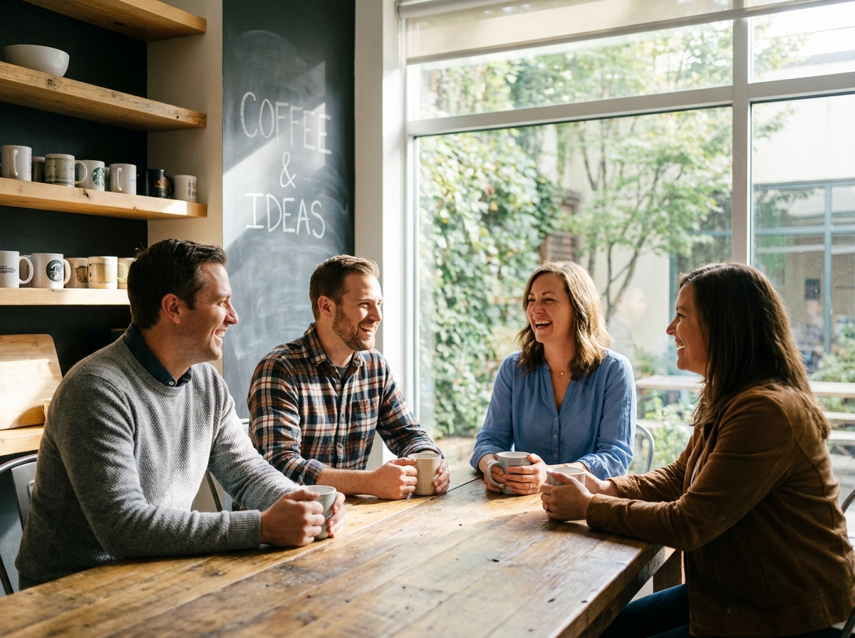 Équipe d'une petite entreprise réunie autour d'un café dans la salle de pause, moment spontané et convivial reflétant la culture humaine de la PME