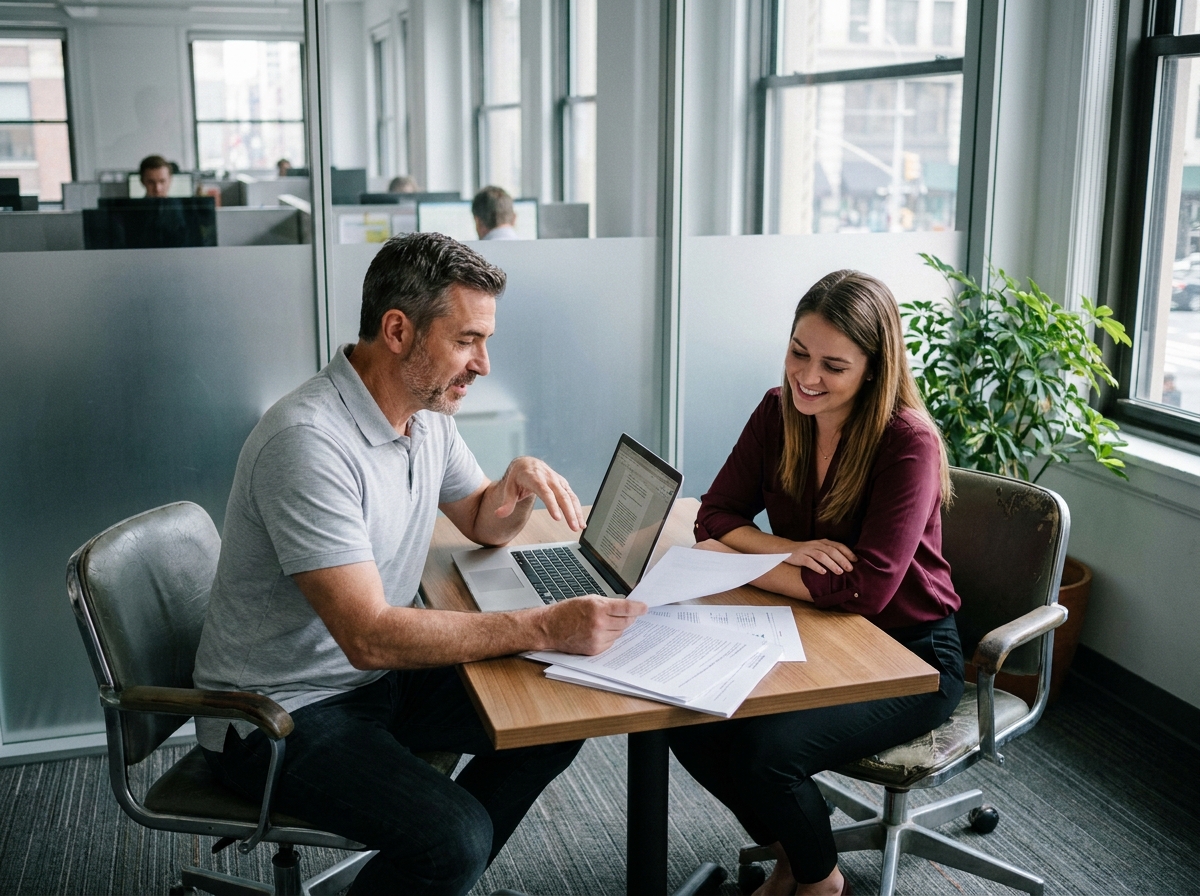 Dirigeant d'une PME en discussion avec une collaboratrice autour d'une table dans un bureau ouvert, scène authentique et humaine