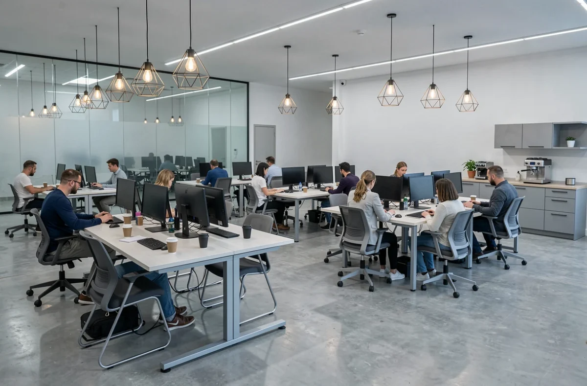 Vue panoramique d'un espace de coworking contemporain à Poitiers avec postes de travail ergonomiques et salle de réunion vitrée