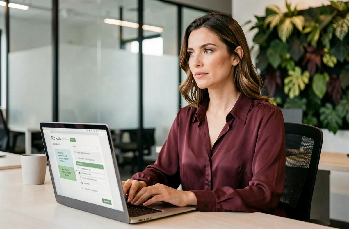 Zeroual Gina consultante SEO devant un rapport d'audit de référencement naturel sur ordinateur portable